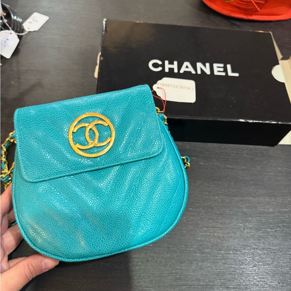 Rare Vintage Chanel Turquoise Leather Crossbody Bag